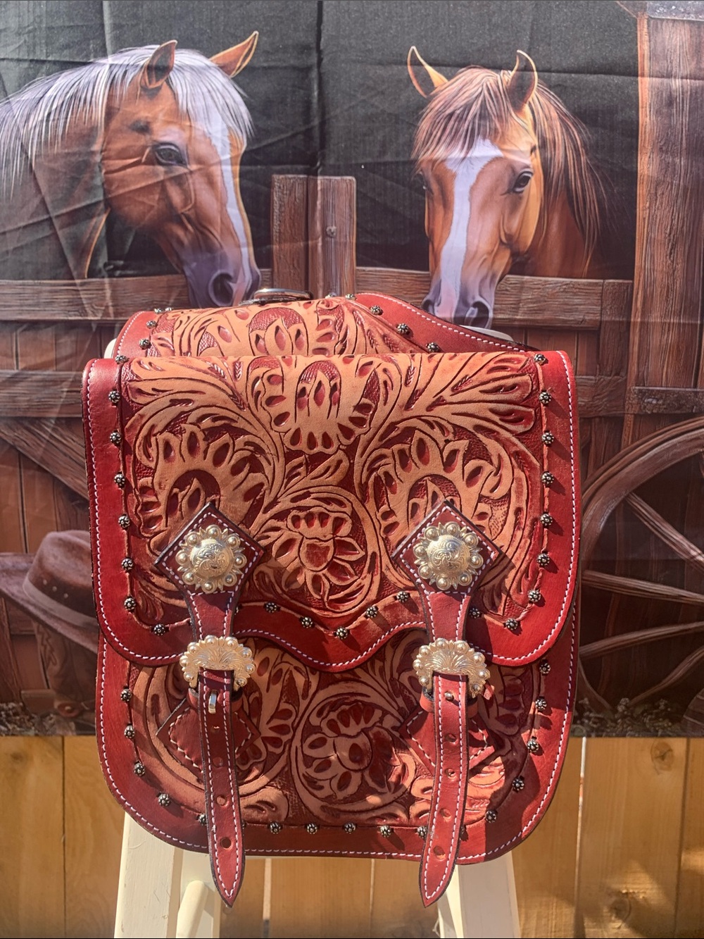 Western Saddle Bag Leather Red Tooled Floral Silver Studded Detailing